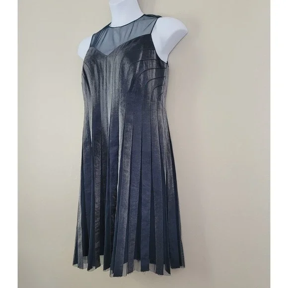 ADRIANNA PAPELL Size 12P Blue Gray Metallic Pleated Formal Party Cocktail Dress - Picture 3 of 9